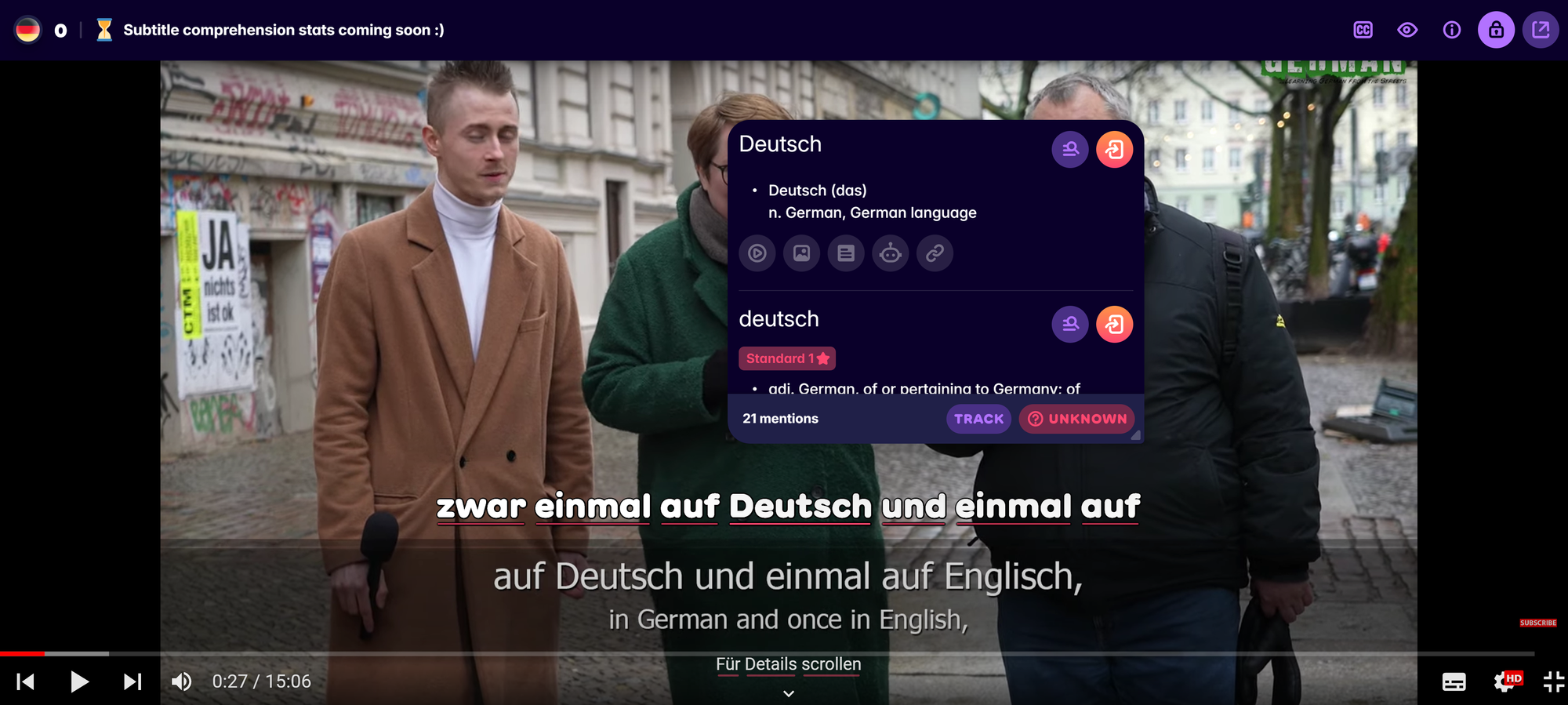 Looking up a German word with the Migaku browser extension